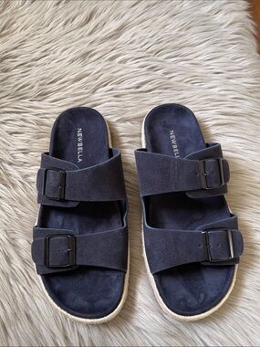 New Bella Navy Suede Double-Buckle Slide Sandals
